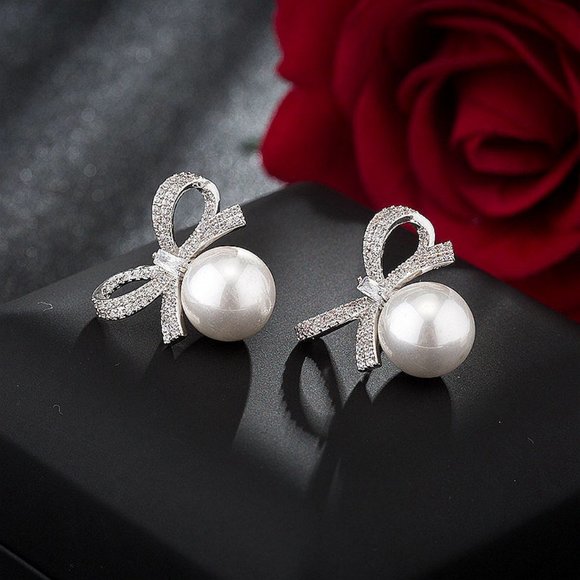 NEW 925 Sterling Silver Pearl Diamond Bow Earrings - Picture 2 of 5